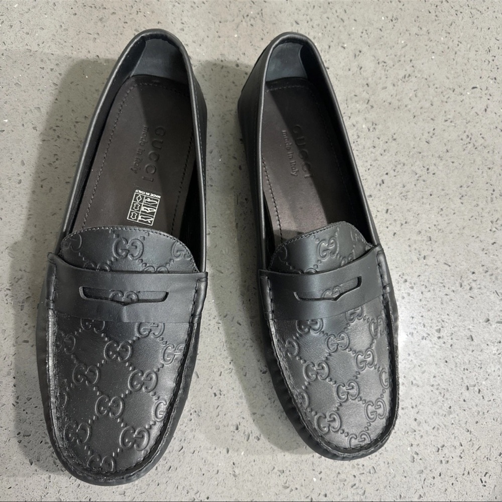 Gucci Black Embossed GG Leather Slip-On Loafers